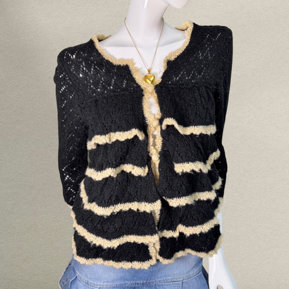 Open Lace Knit Ruffle Trim Cardigan | Olivia Sky‎ Black Cream Dainty Sweater | M